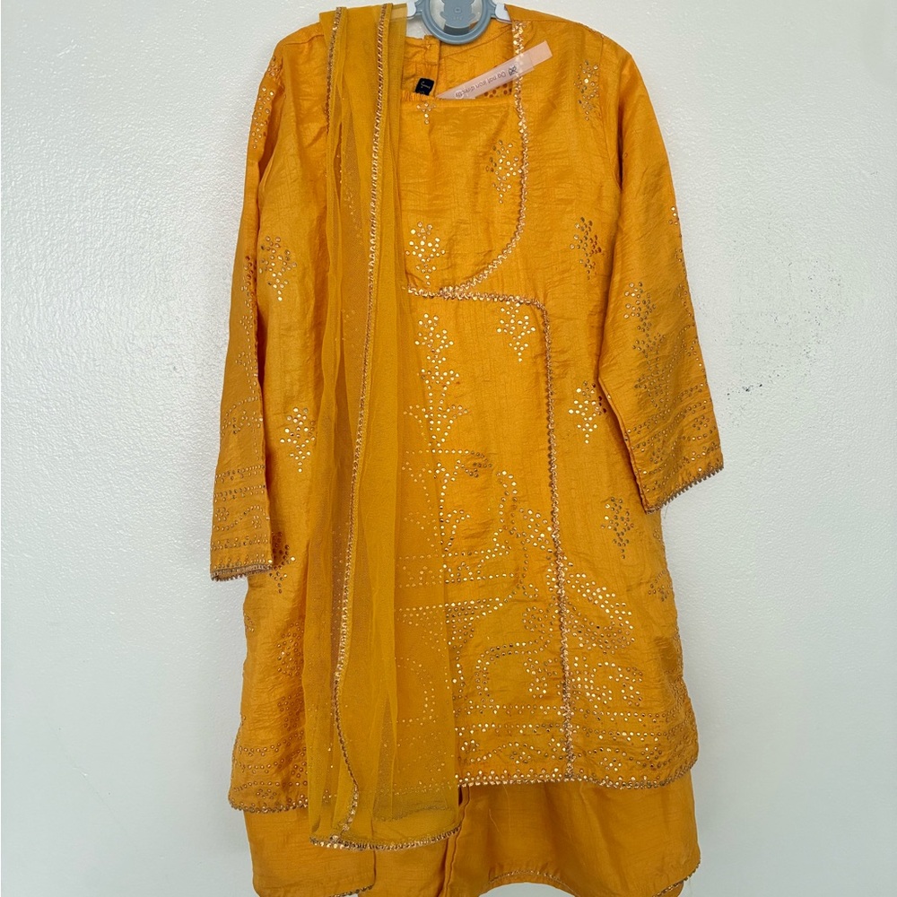 JJ yellow orange mukhesh gharara kameez